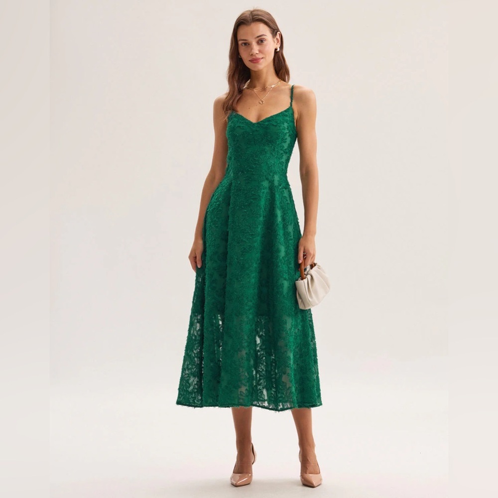 RIHOAS Green Floral Shirred Slip Midi Dress XL